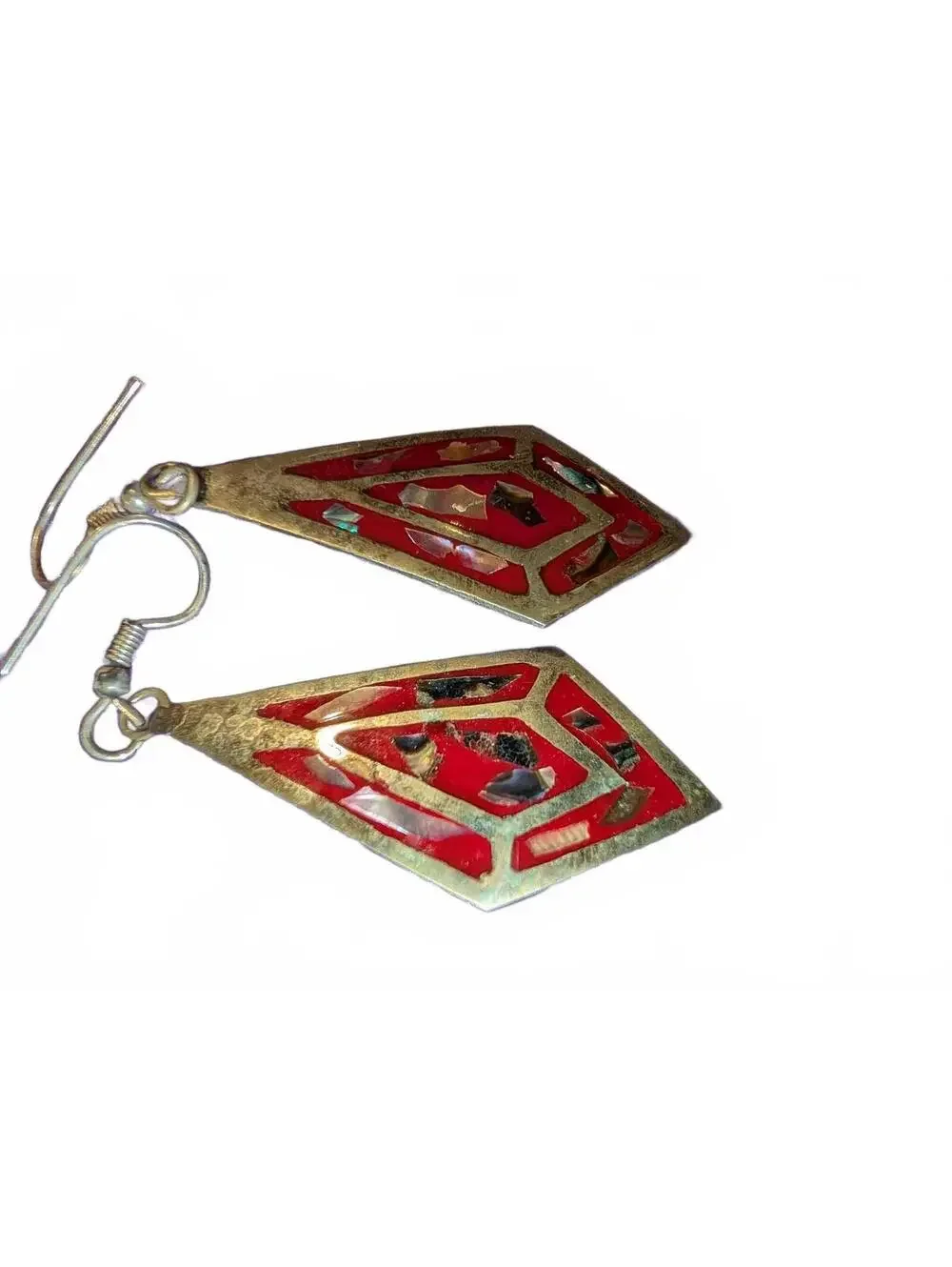 Vintage Alpaca Mexico Geometric Red and Abalone Inlay Dangle Earrings